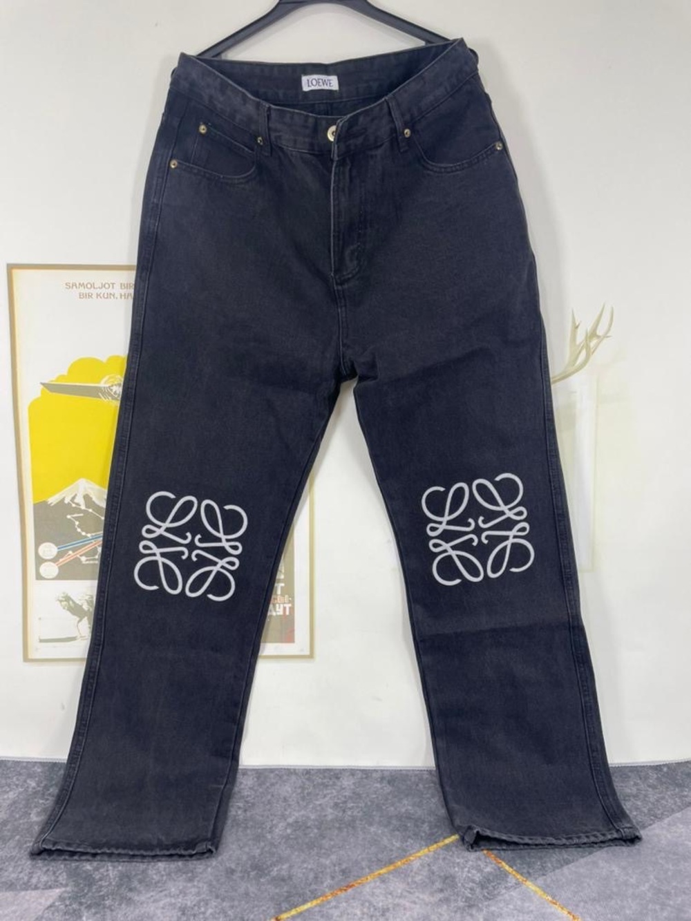 Loewe Black Straight Jeans with White Anagram Knees